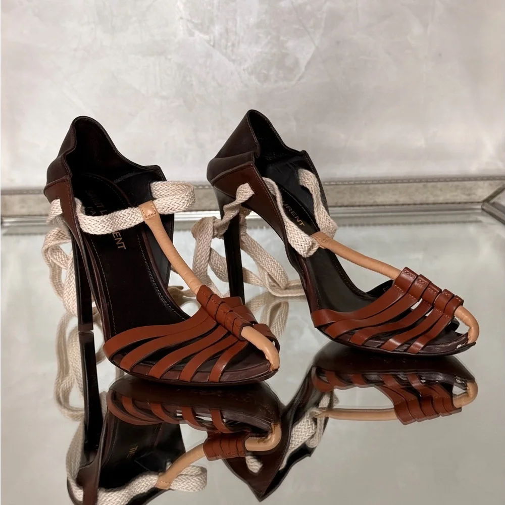 Saint Laurent Brown Leather High Heel Sandals with Cream Rope Trim - Picture 2 of 10